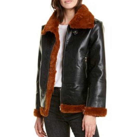 𝅺LIONESS Black Faux Leather Jacket Faux Fur Lining and Trim - Picture 1 of 9